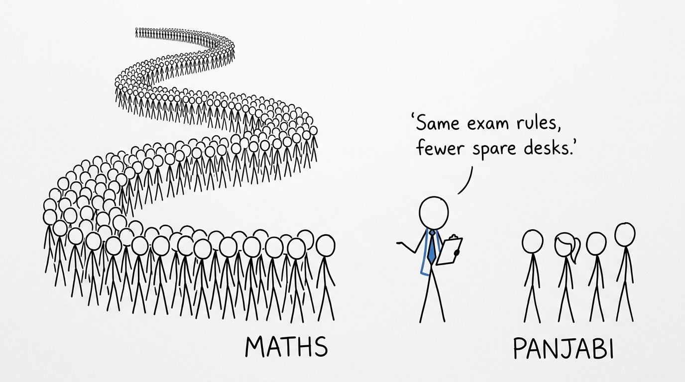 A tiny Panjabi exam queue beside a much larger maths queue