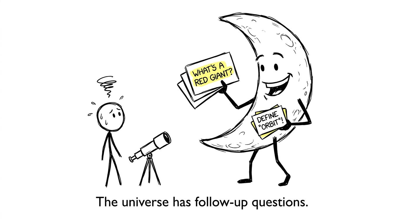 The Moon quizzes a student beside a telescope