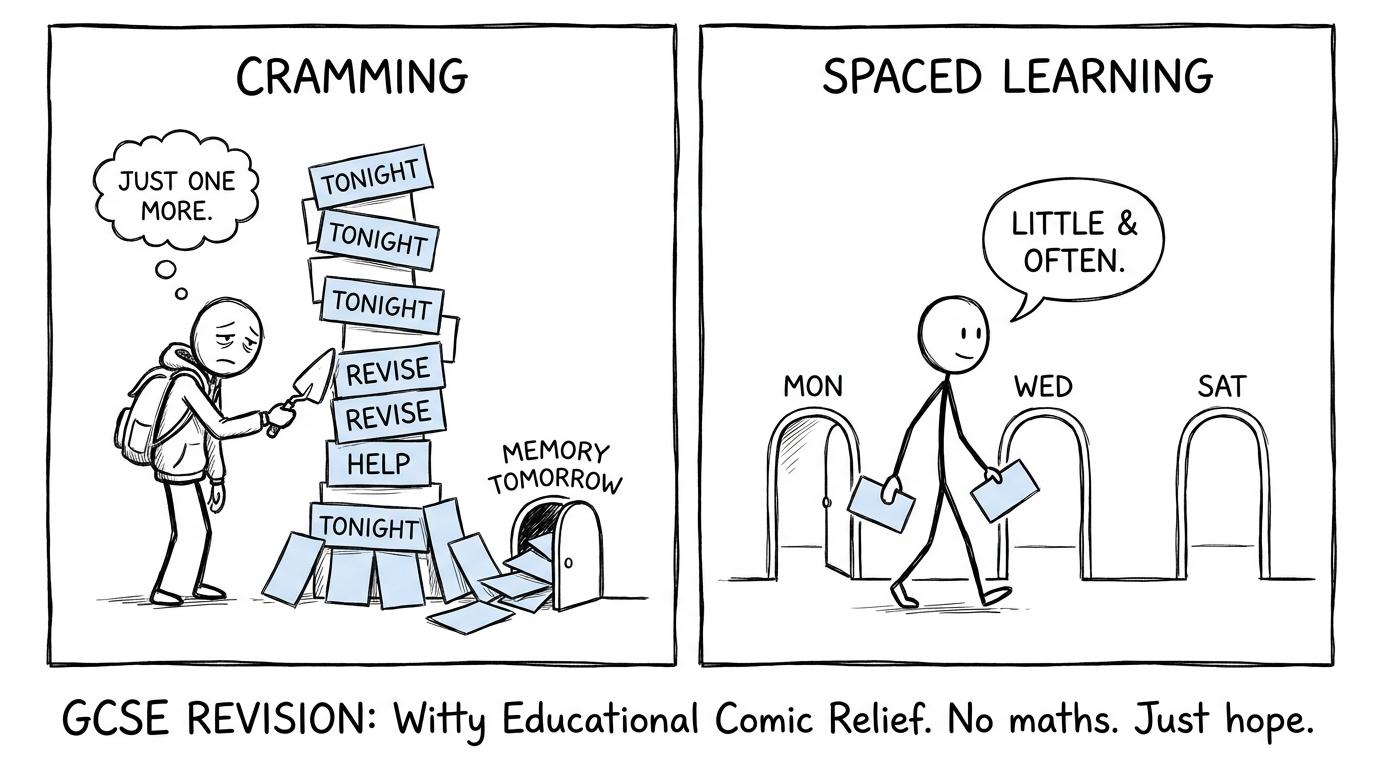 A student cramming cards into one night while another spaces learning across the week