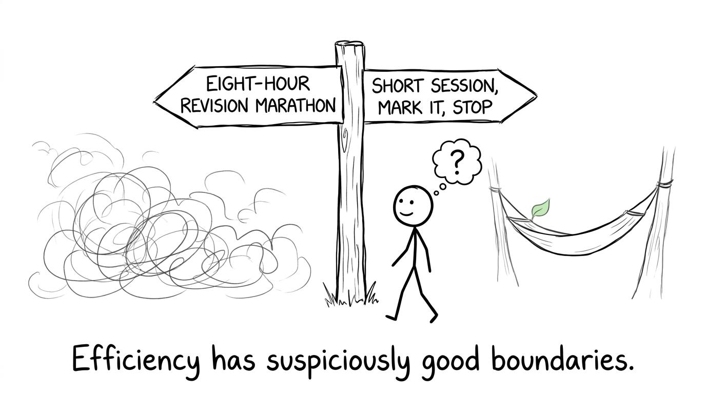 A student chooses short focused revision over a marathon into the fog