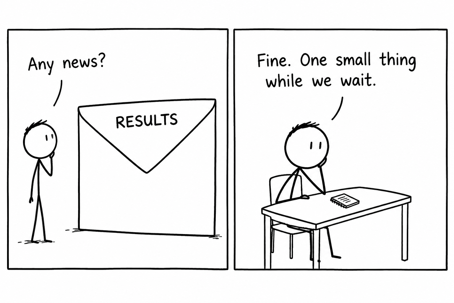 A student calmly keeps a tiny revision notebook while waiting for an enormous silent results envelope