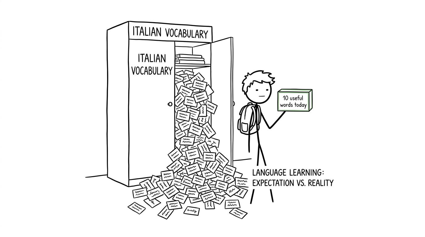 A student controls a wardrobe full of Italian vocabulary by choosing a small daily box