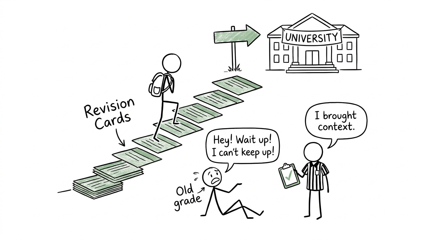 A student climbing revision-card stairs while an old grade falls behind and a referee brings context