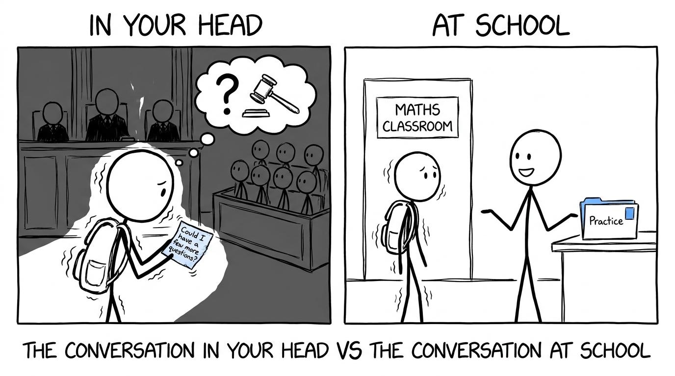 A student imagines a dramatic confrontation before making a simple request for practice questions