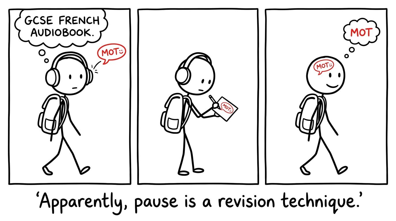 A vocabulary word finally enters a student's memory after they pause the audio and write it down
