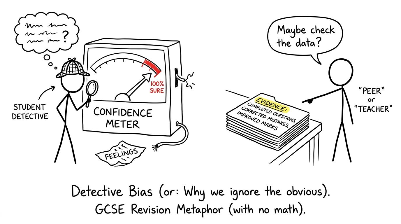 A student detective ignoring a folder of evidence while inspecting a confidence meter