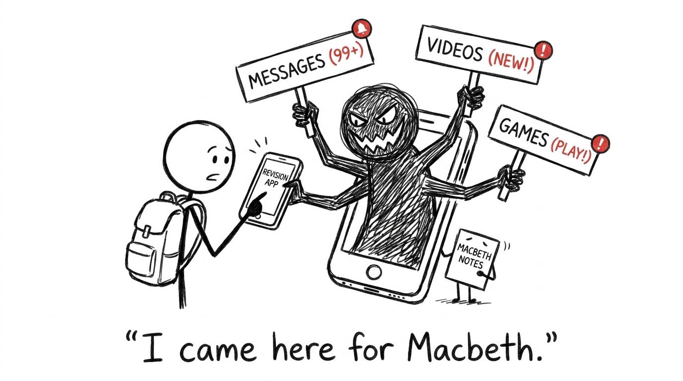 A notification monster interrupts a student trying to revise Macbeth