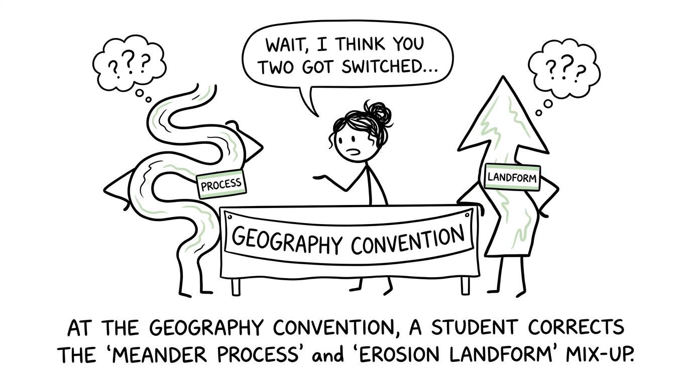 A student corrects the mixed-up name badges of a landform and a geographical process