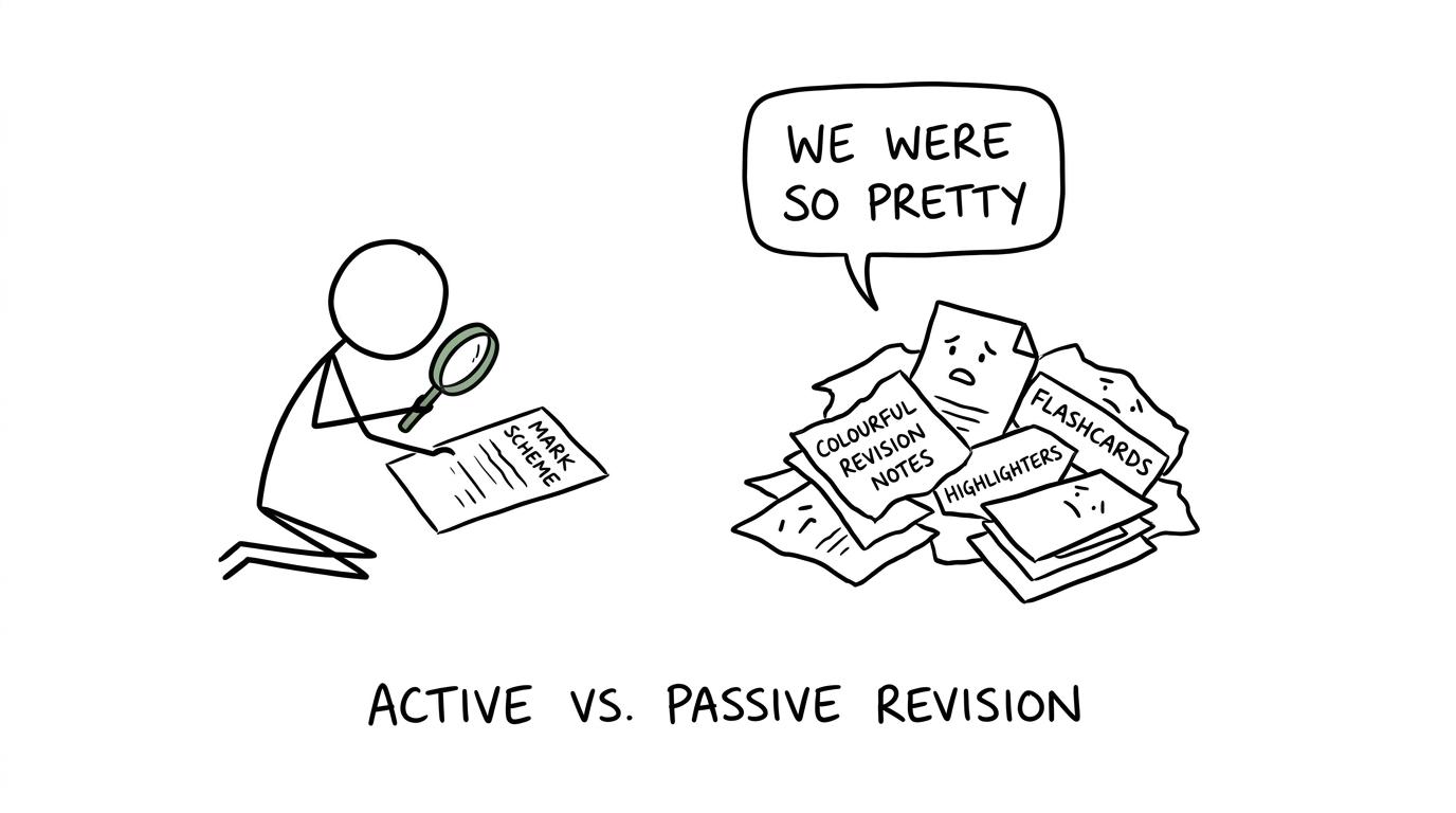 A student studies a mark scheme while decorative revision notes complain from the background