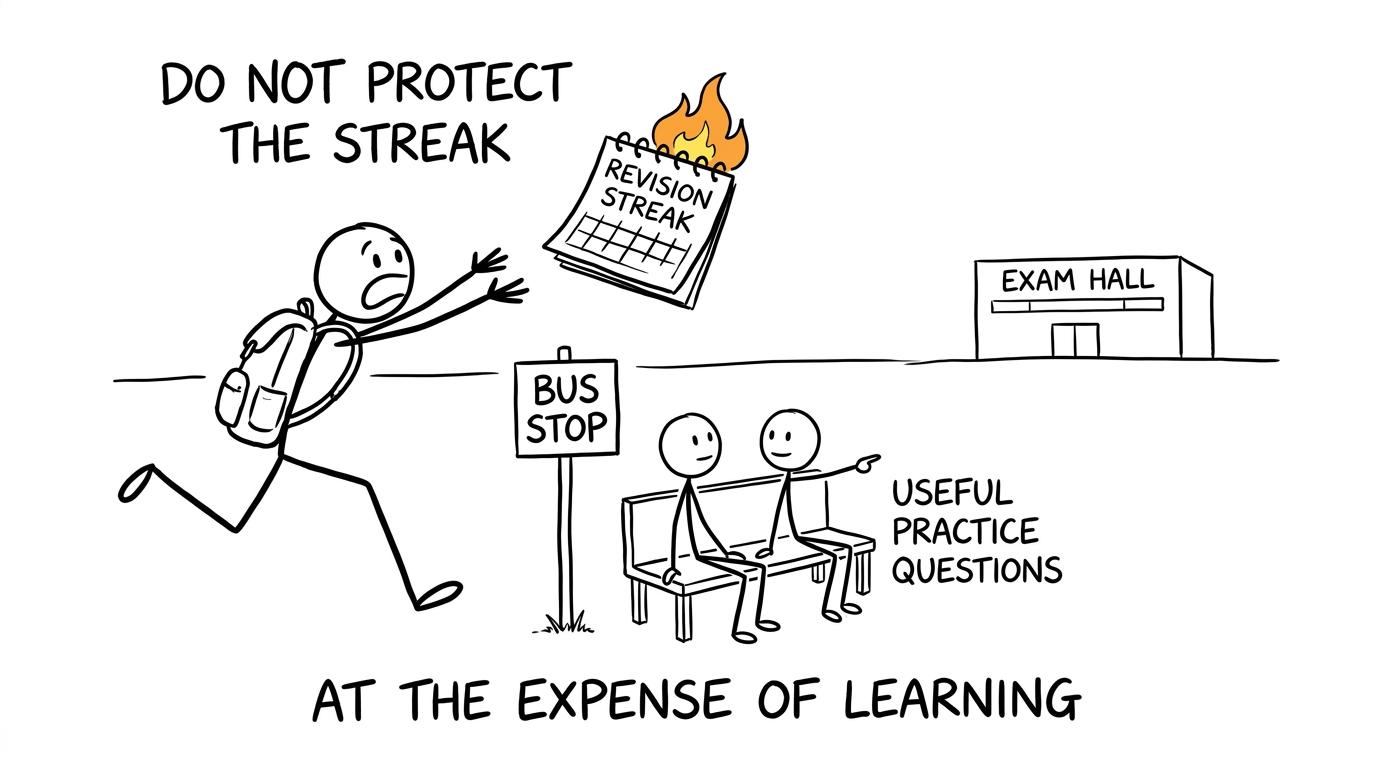 A student chases a flaming revision streak while useful practice waits calmly for the exam bus