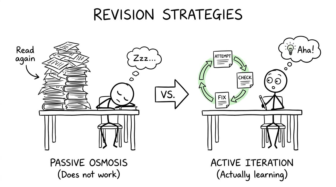 One student rereads passively while another follows an attempt, check and fix loop