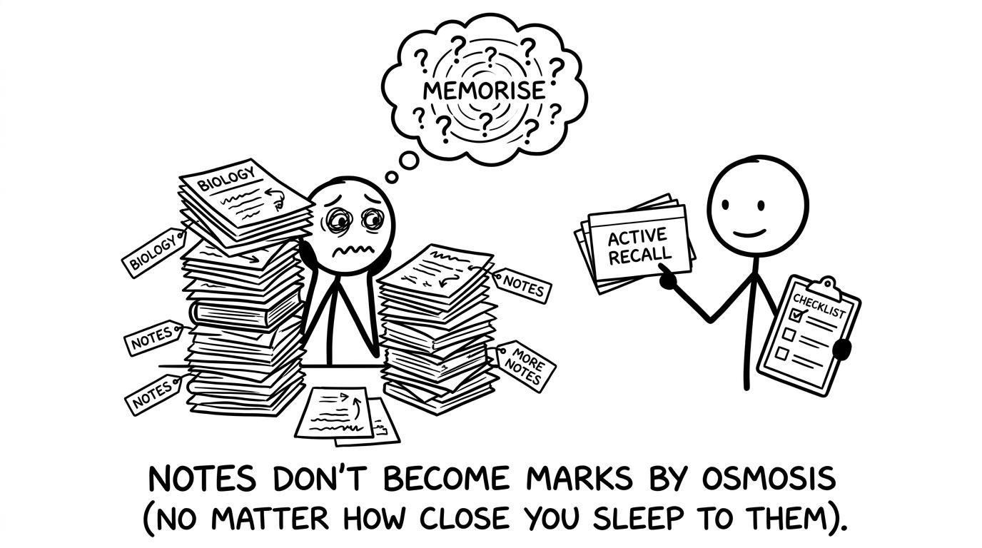 A student realises notes don't become marks by osmosis