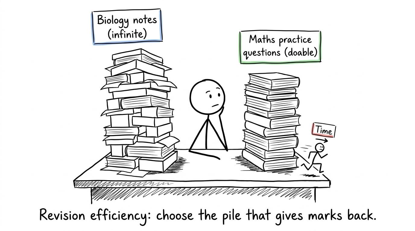 A student choosing between endless notes and practice questions