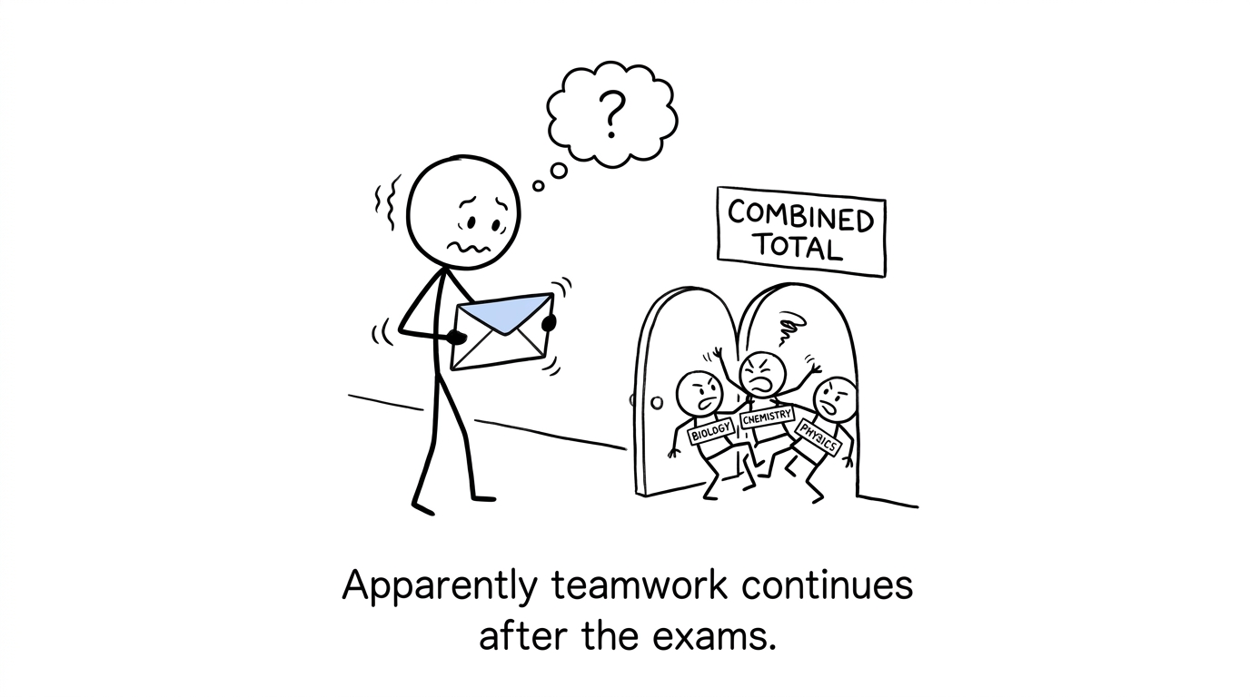 A student opens a results envelope while Biology, Chemistry and Physics squeeze through one combined doorway