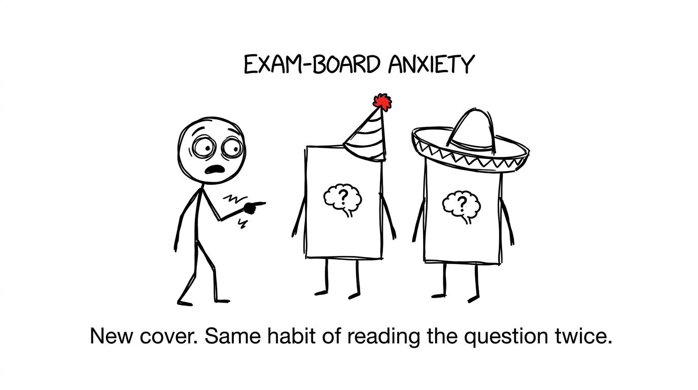Two exam papers wear different hats while a student discovers that careful reading still matters