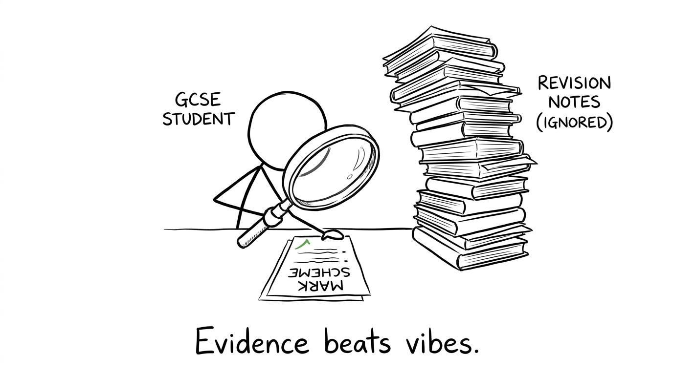 A student inspecting a mark scheme while ignoring a huge pile of notes