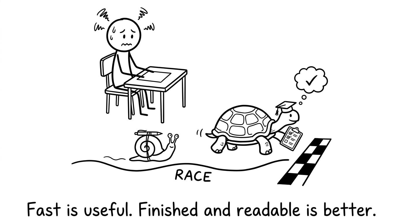 A student watches a pen-carrying snail race beside a calm tortoise with a checklist