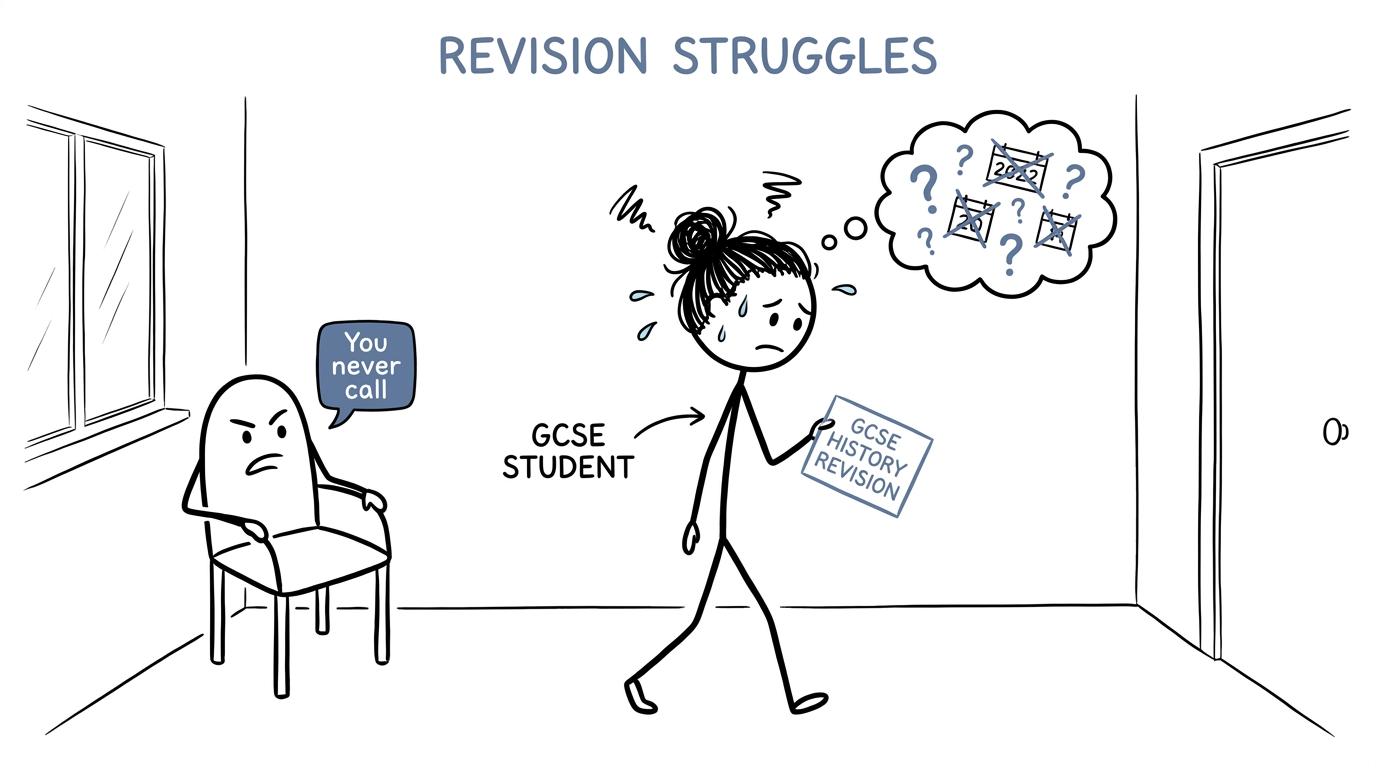 A pacing student revises while an abandoned chair complains