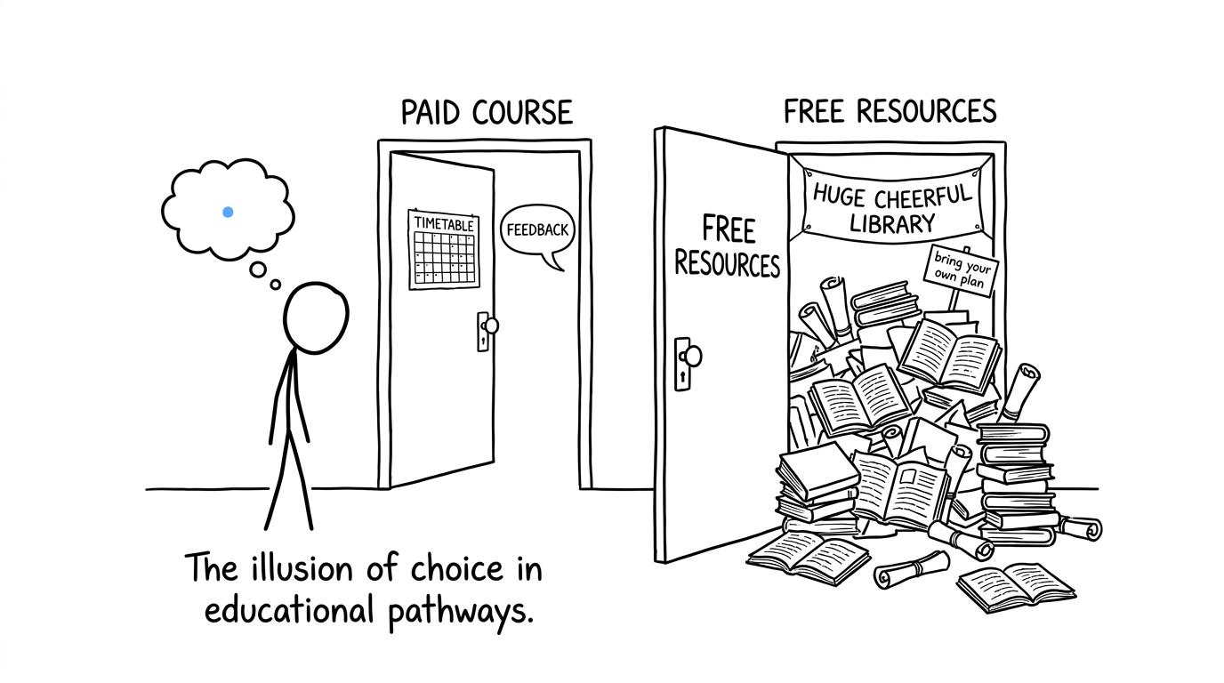 A student choosing between the structure of a paid course and the freedom of free resources