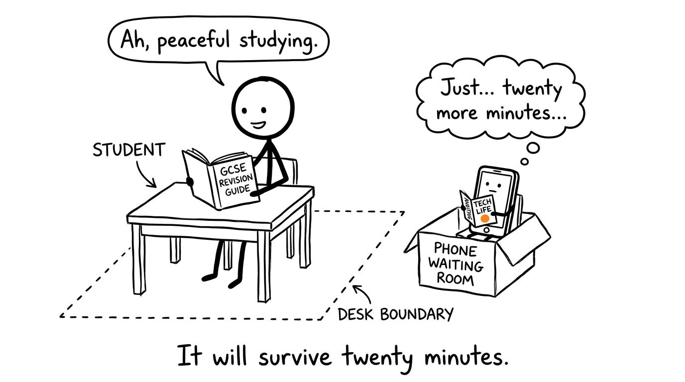 A student's phone waits outside while a short revision session continues