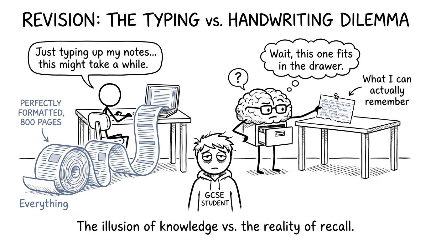 A memory filing clerk choosing between perfect typed notes and a useful handwritten card