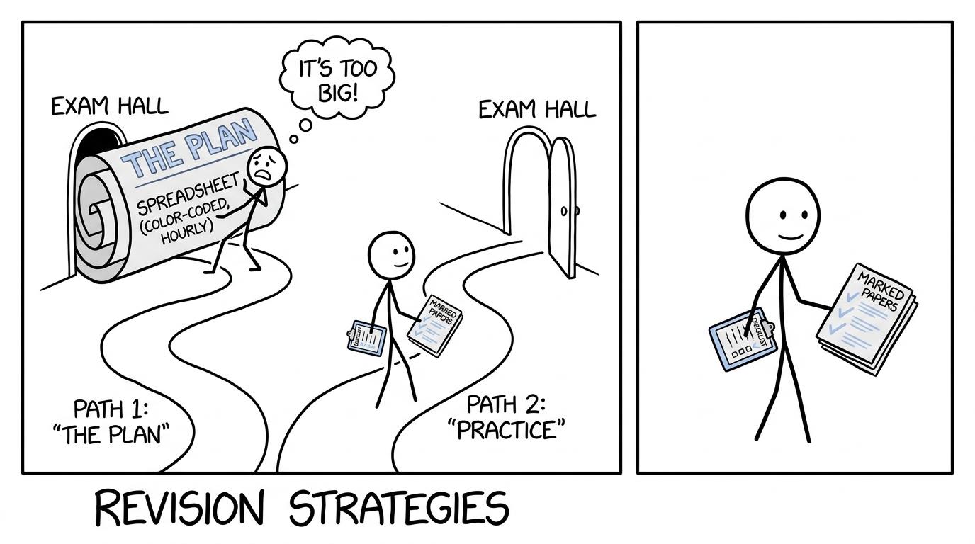 One student tries to carry a giant revision spreadsheet into an exam while another arrives with a checklist and marked papers