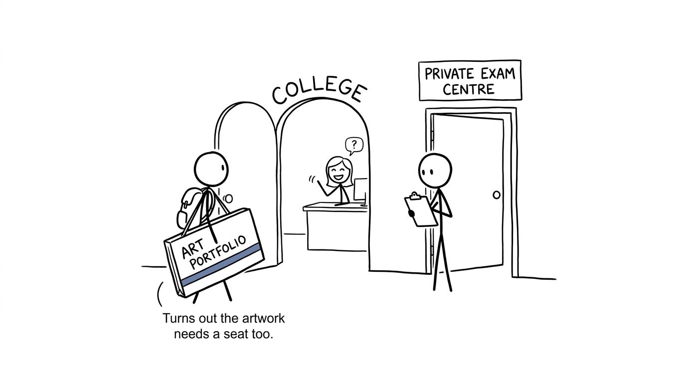 A student carrying an enormous portfolio towards college and private exam centre doors