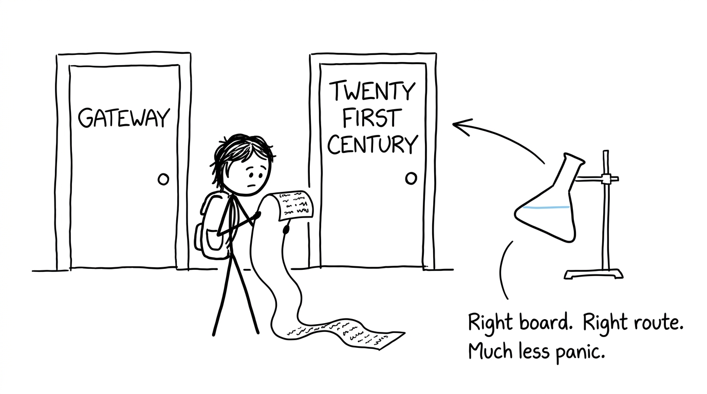 A student checks whether the chemistry route is Gateway or Twenty First Century