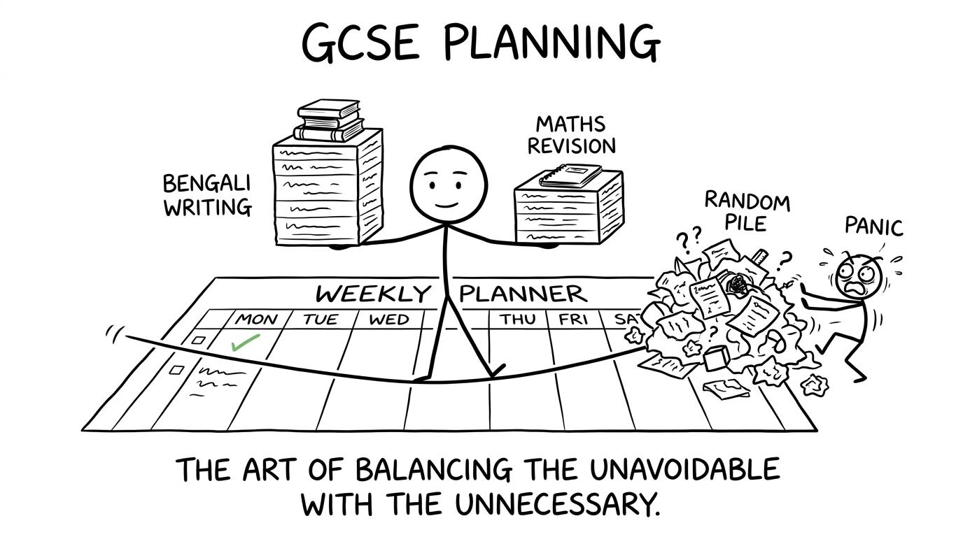 A stick-figure student balancing Bengali and maths revision while panic tries to overload the planner
