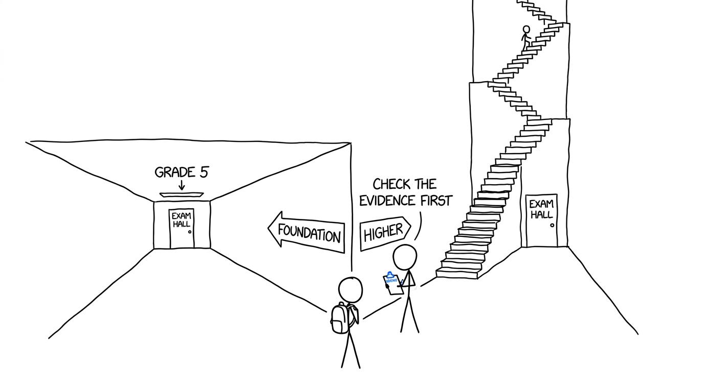 A student choosing between foundation and higher routes while a teacher checks the evidence