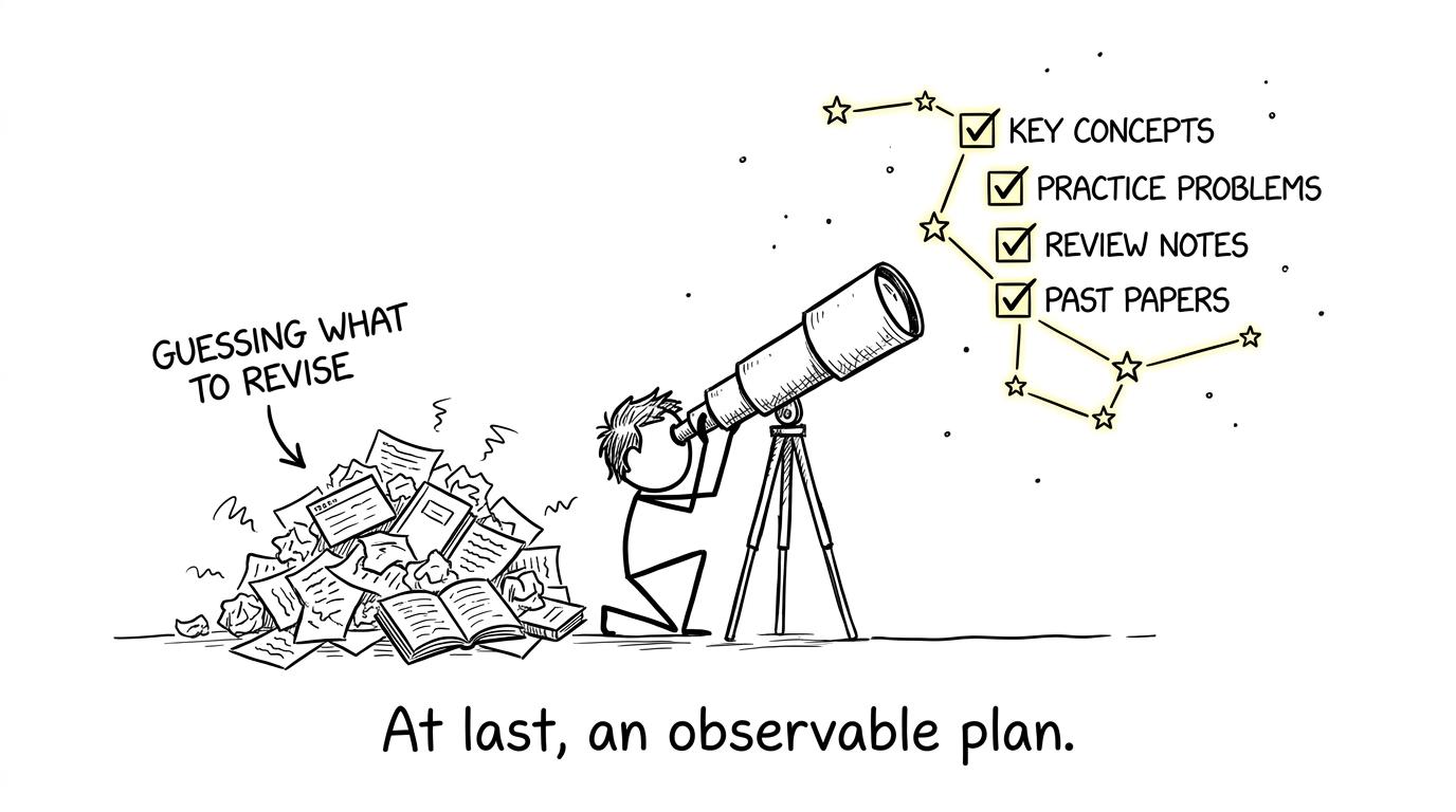 A telescope finds a constellation shaped like a revision checklist while random flashcards sit behind the student