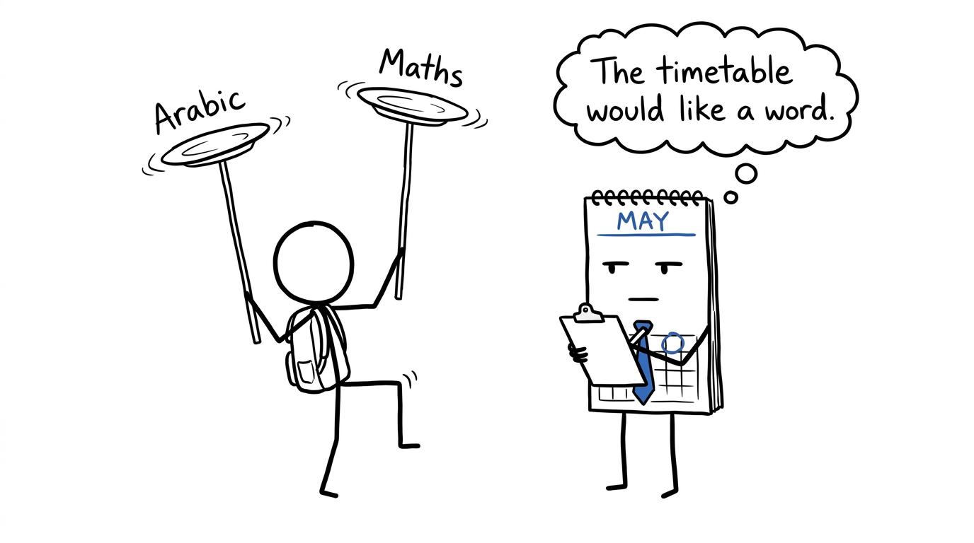 A student balances Arabic and maths revision while a calendar supervises