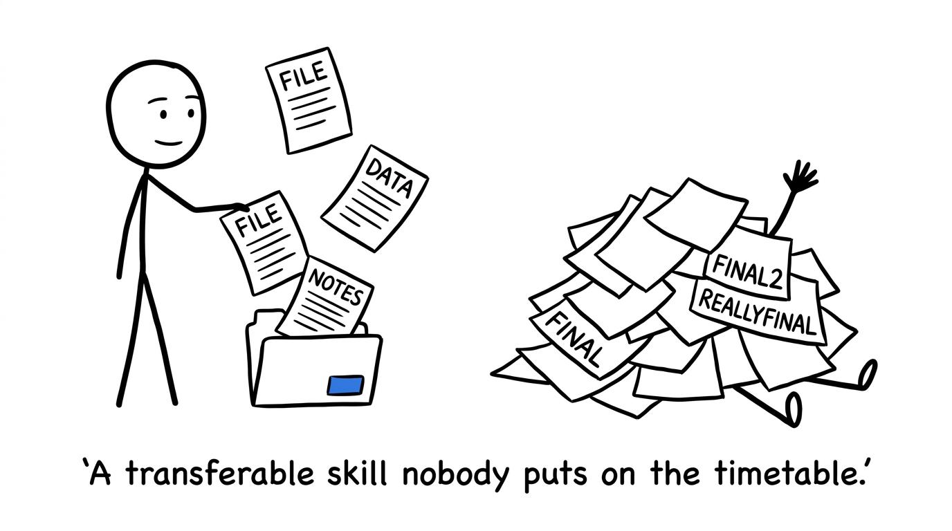 One student organises files while another is buried beneath versions called final
