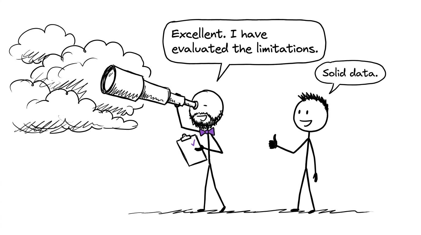 A telescope faces clouds while a student proudly evaluates the limitations