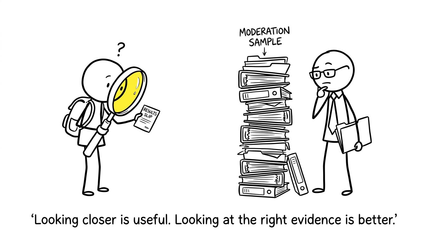A student and teacher focus on the moderation sample rather than guesswork