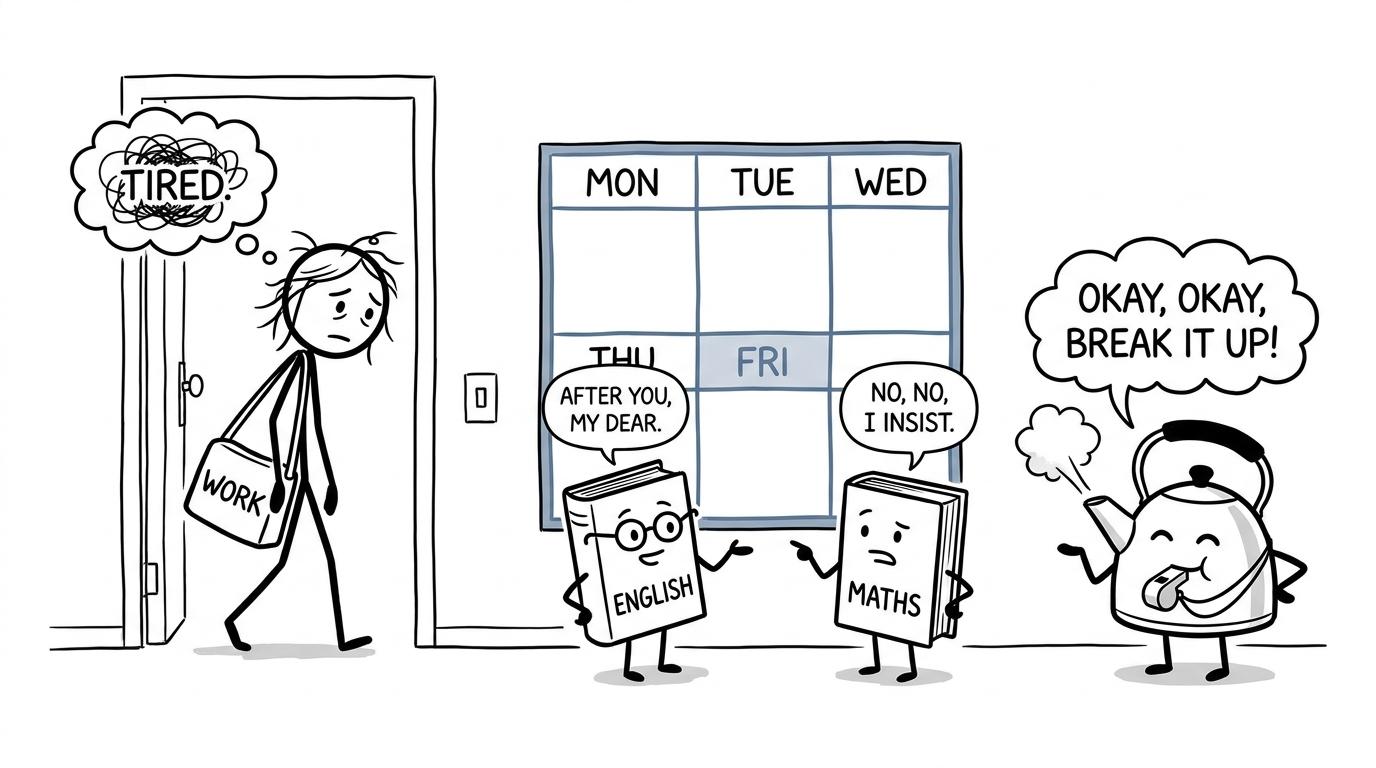 An adult learner balancing English, maths and an evening calendar
