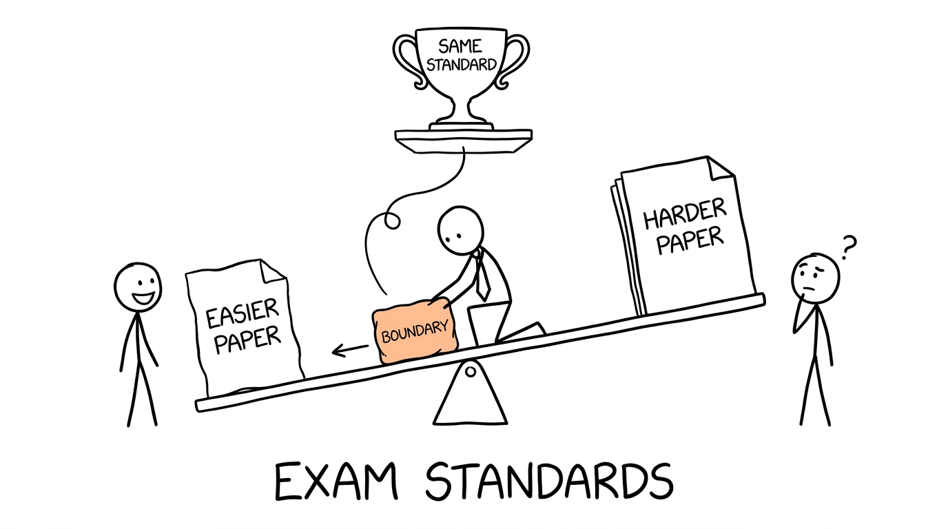An examiner balancing paper difficulty while maintaining the same grading standard