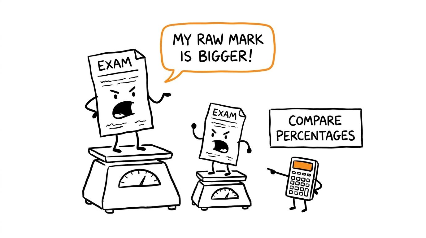 Two exam papers learn why raw marks from different totals need percentage context