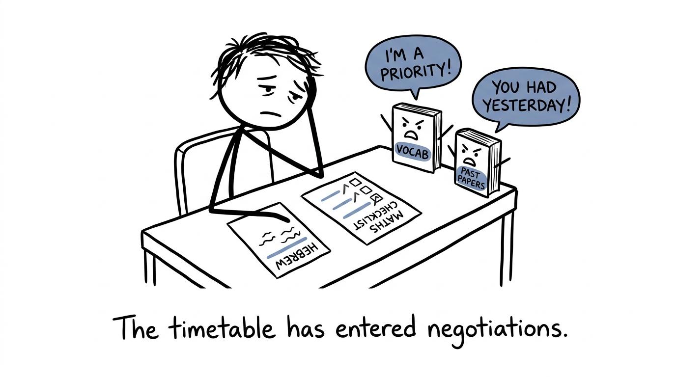 A student negotiates a timetable with competing revision books
