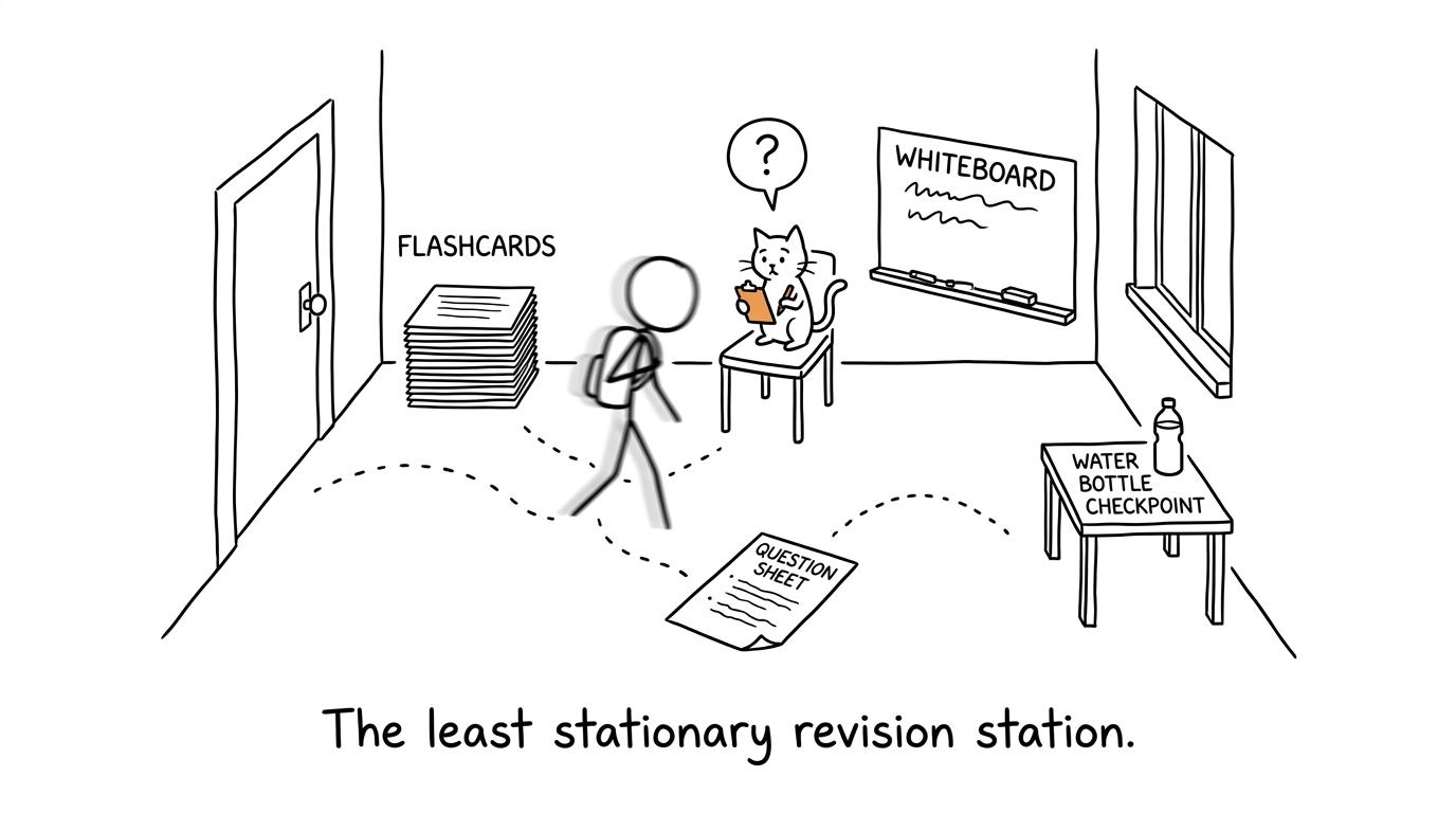 Four movement-based revision stations watched by a cat acting as an invigilator
