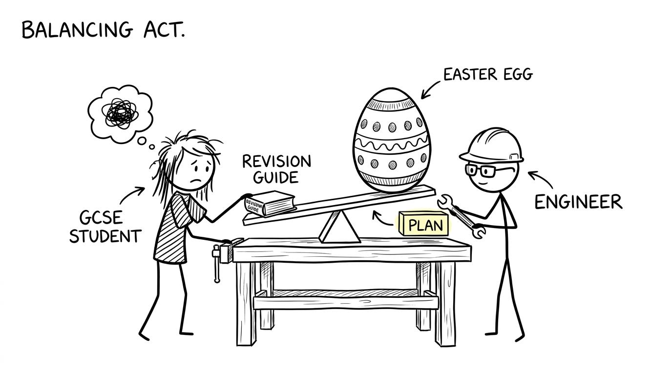A student balancing an Easter egg and revision book on a seesaw