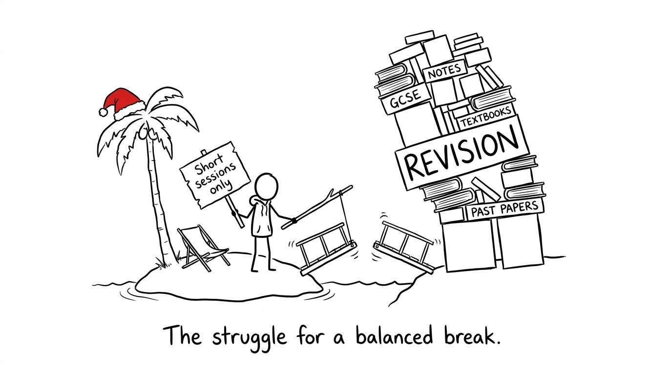 A student protects a peaceful Christmas holiday from an oversized revision pile