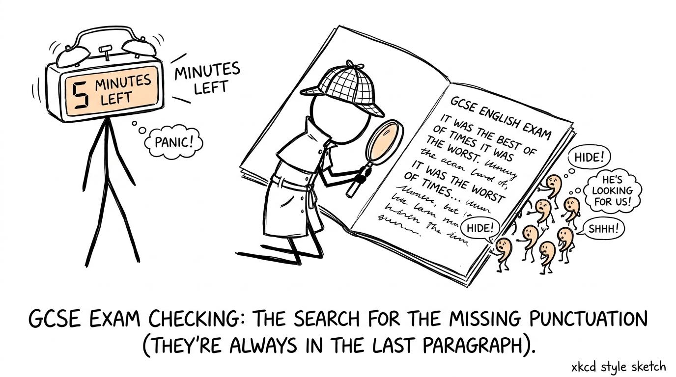 A student detective searches for punctuation errors before time runs out