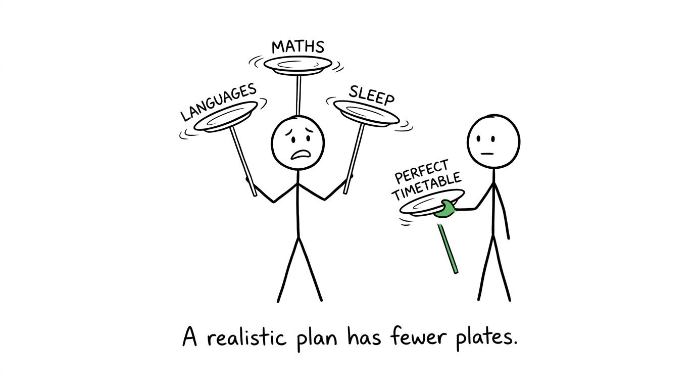 A student balances Languages, Maths and Sleep while abandoning the idea of a perfect timetable