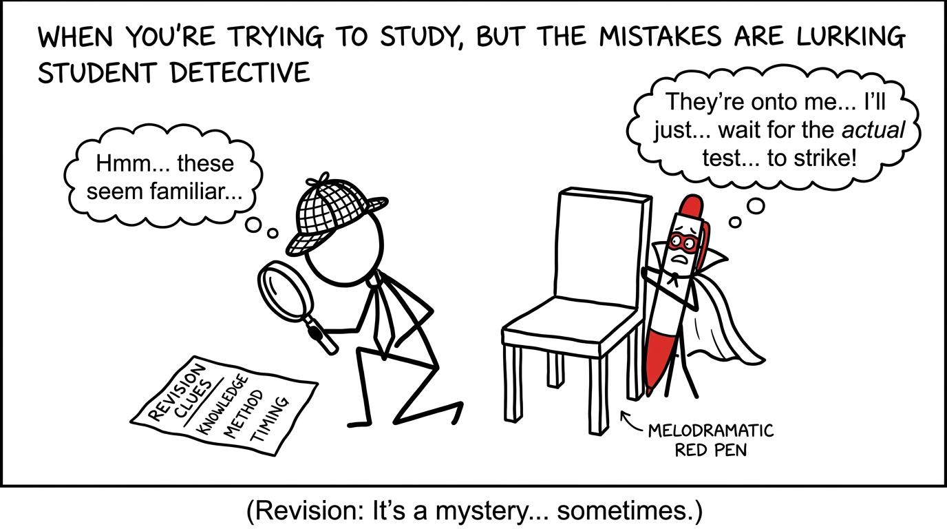 A student detective investigates knowledge, method and timing while a red pen hides
