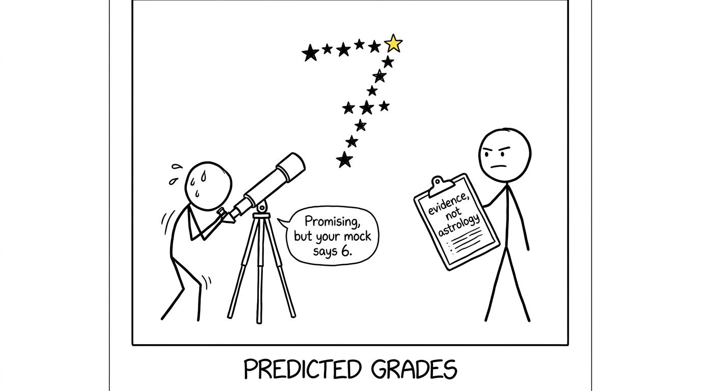 A student sees a grade-shaped constellation while the teacher insists predictions use evidence rather than astrology