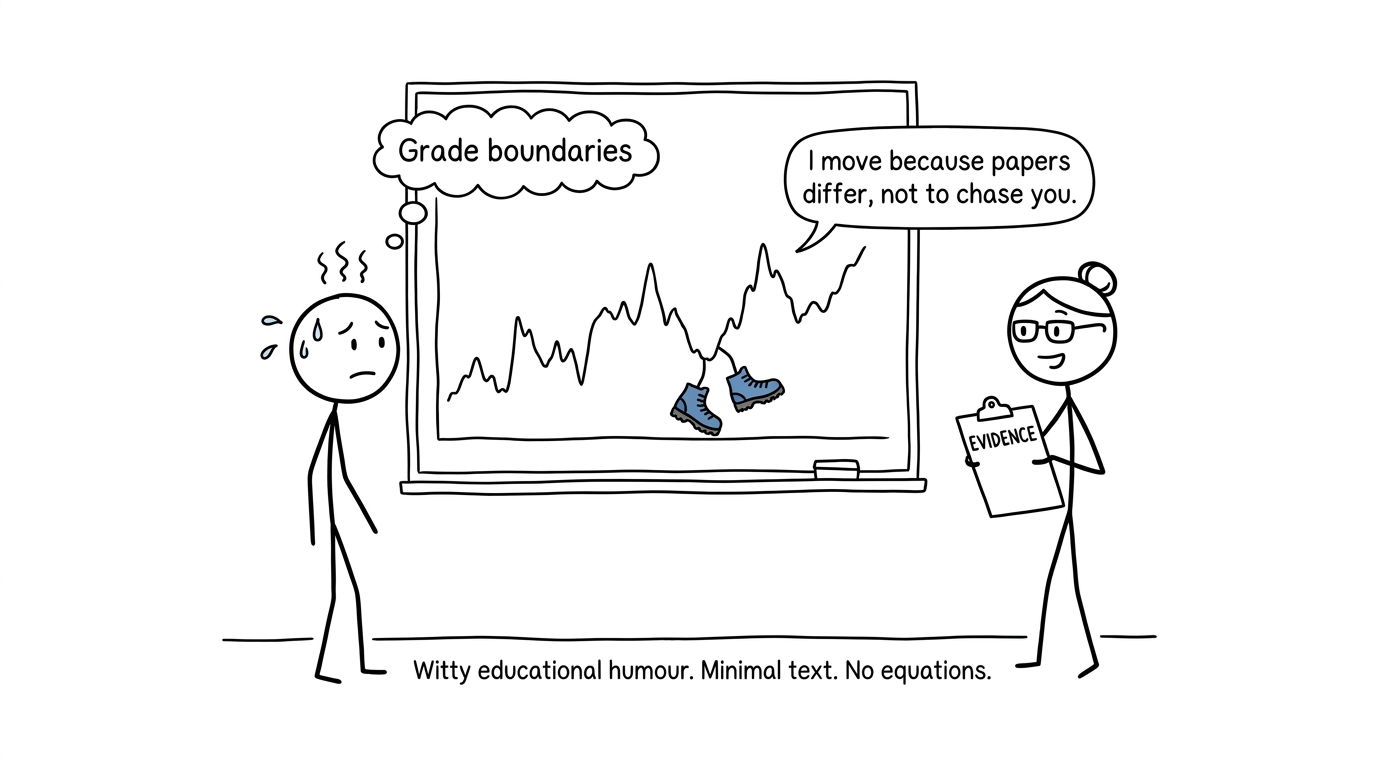 A moving grade-boundary line explains that papers differ