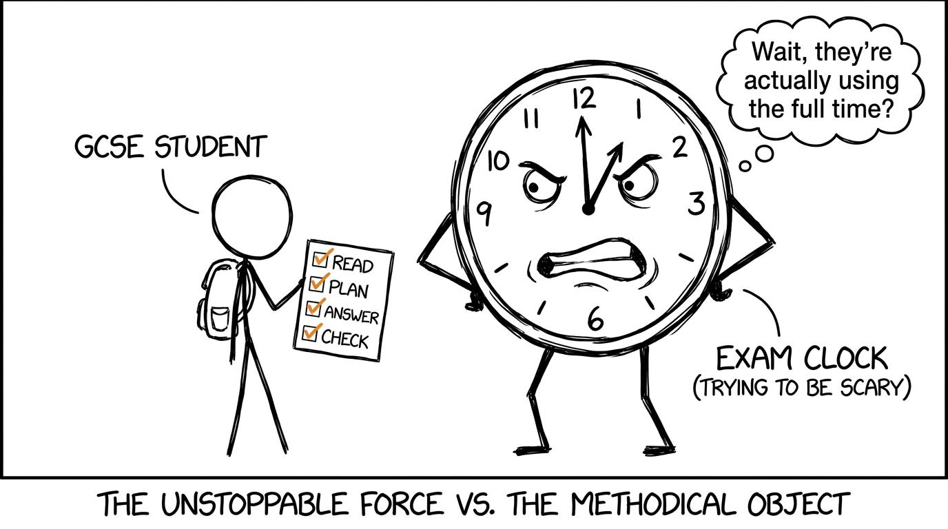 A calm student defeats an intimidating exam clock with a simple checklist