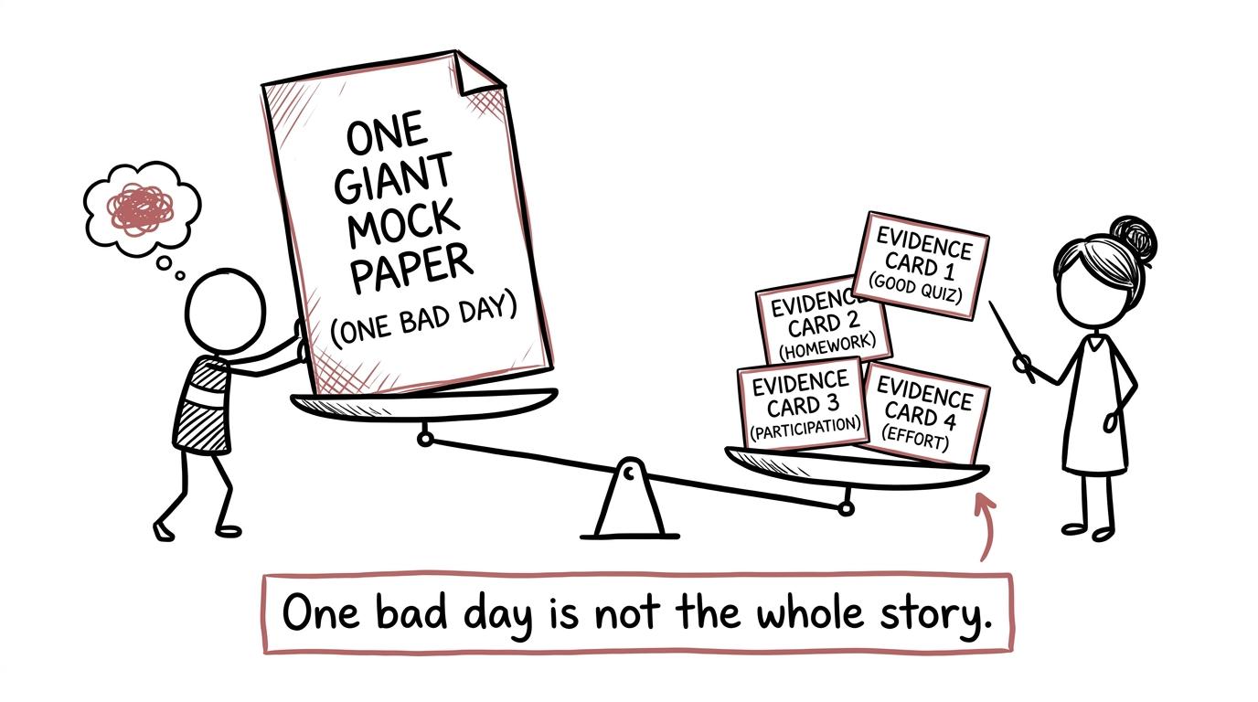A balance scale shows why one mock should not tell the entire story