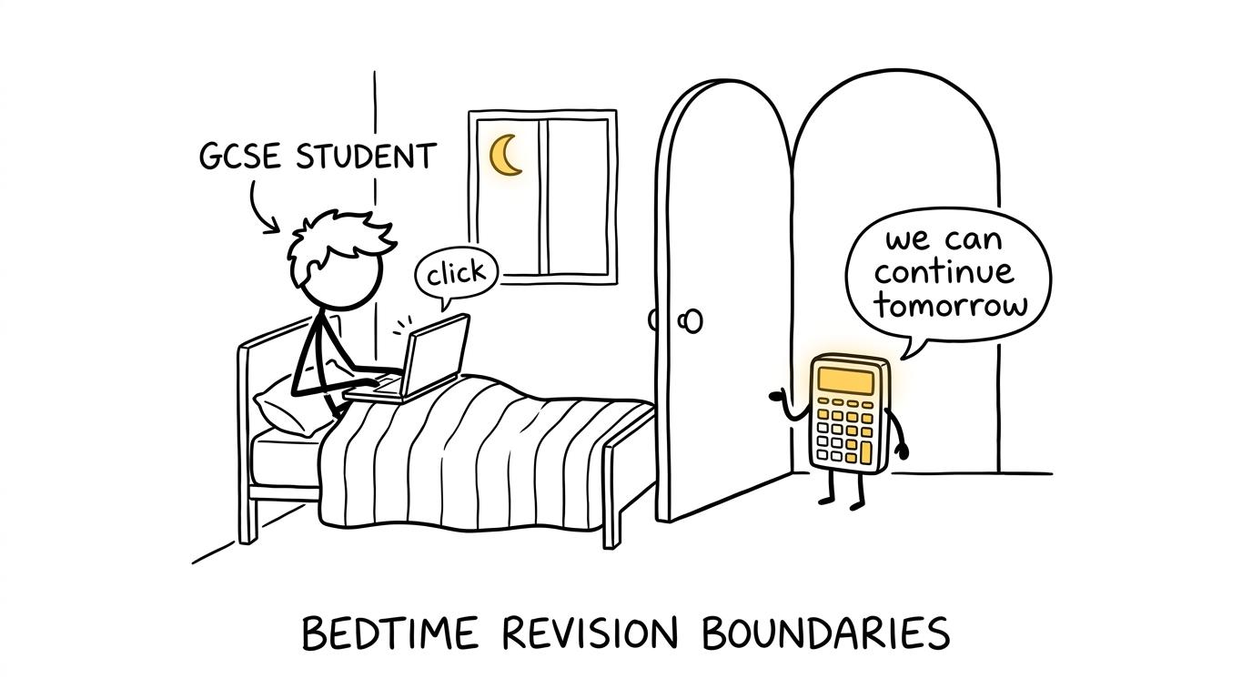 A student closes a laptop at bedtime while a calculator waits patiently outside